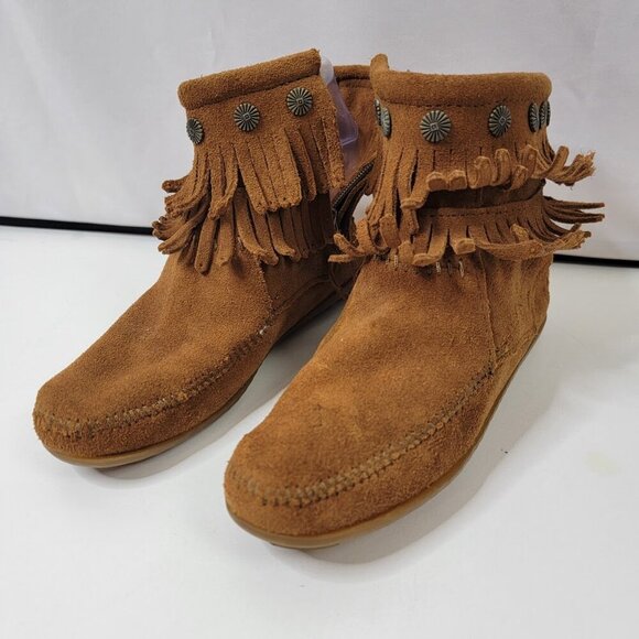 Minnetonka Fringe Moccasin Boots – Brown Suede | Size 7 | Very Good Condition - Picture 2 of 9